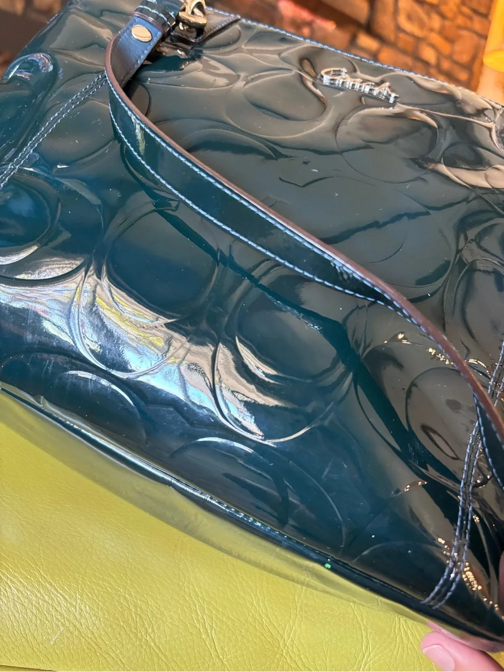Coach Gallery Signature Embossed Patent Leather East West Tote Teal F07729